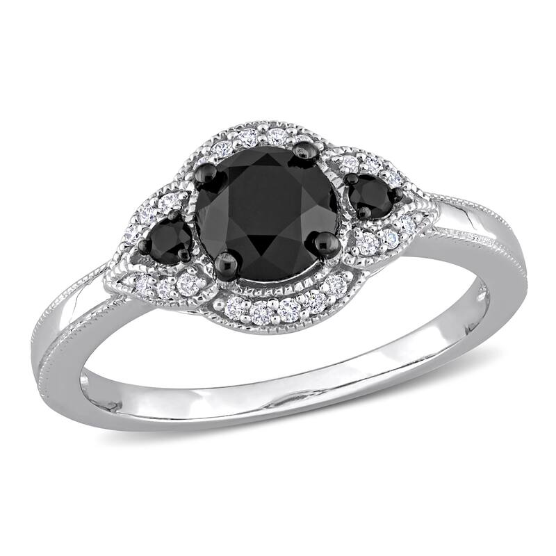 Miadora 1 1/6ct TDW Black & White Diamond 3-Stone Halo Engagement Ring in 14k White Gold