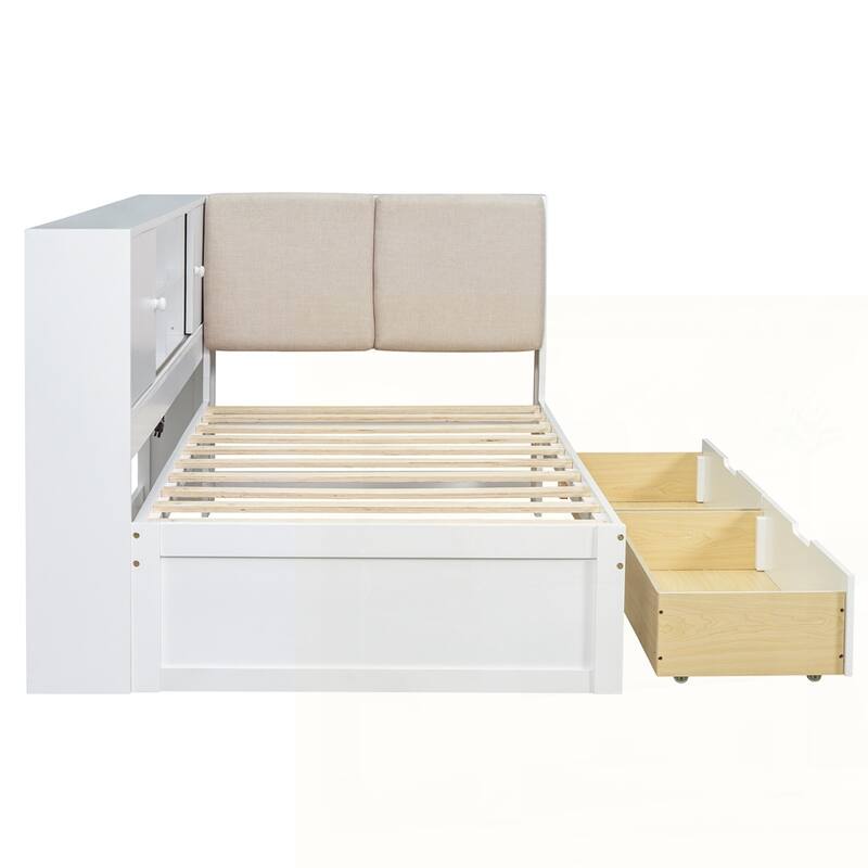 L-shaped Daybed Corner Bed with Storage Bookcase and USB Charging Ports