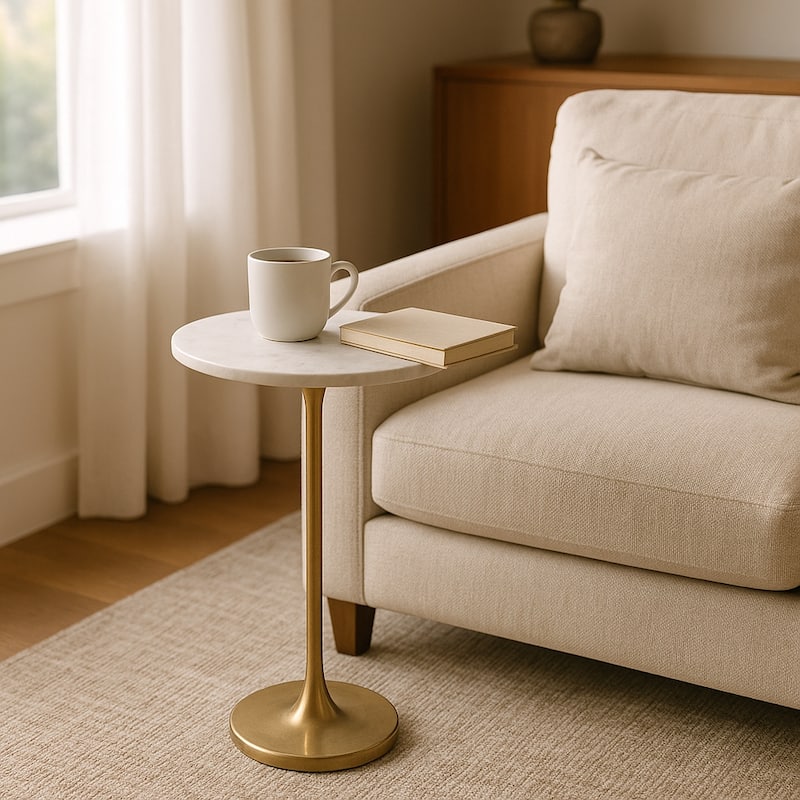 Gold and White 24"H Round Drink Accent Table, Aluminum and Stone - 13" x 13" x 24"