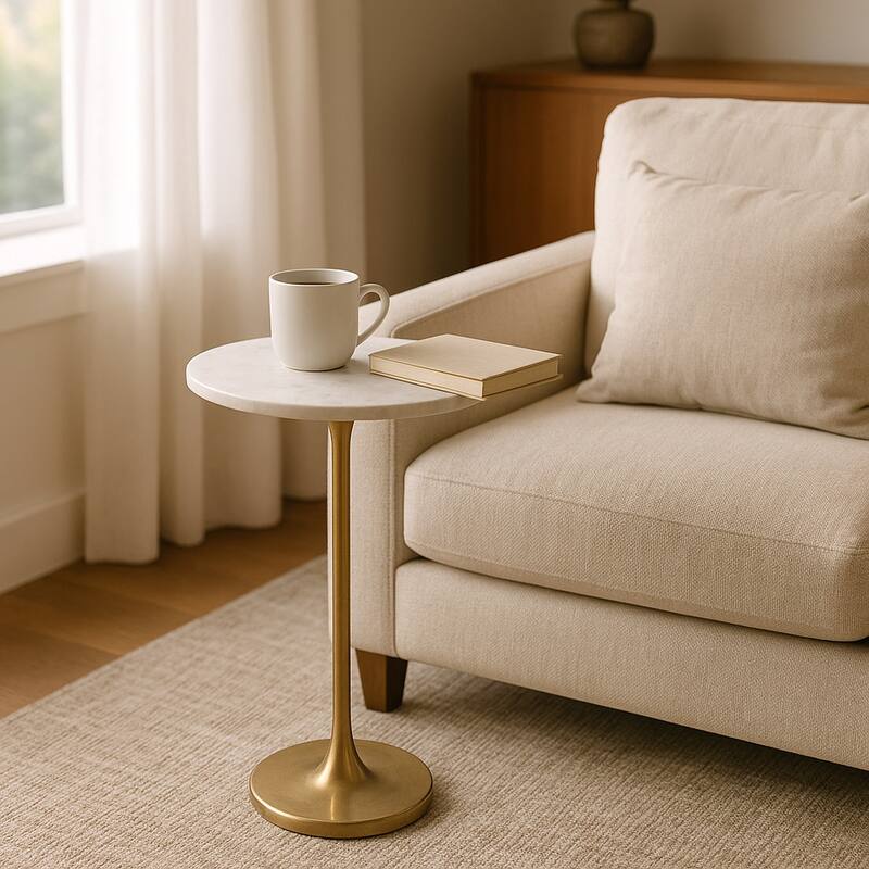 Metal Stone Top Modern Round End Table - Gold, 24" - 24.0"