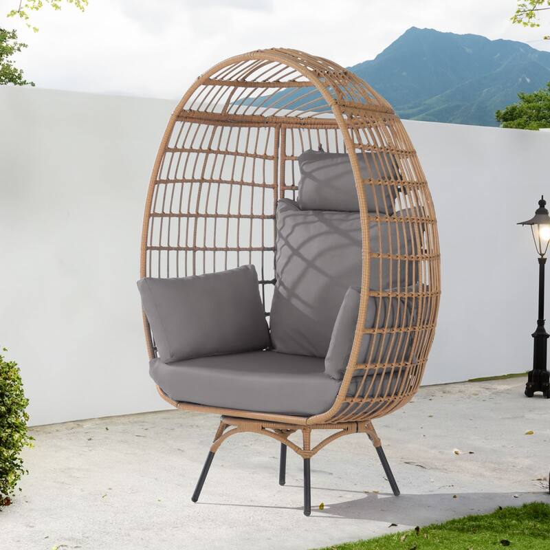 SANSTAR Patio Oversized Swivel Brown Wicker Egg Chair with Cushions