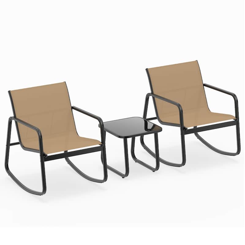 Gymax Set of 3 Patio Rocking Set 2 Rocking Bistro Chairs & Glass-Top