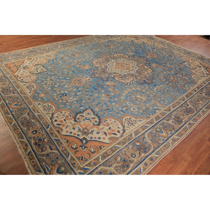 Traditional Blue Floral Tabriz Persian Rug Handmade Wool Carpet - 9'8"x 12'9"