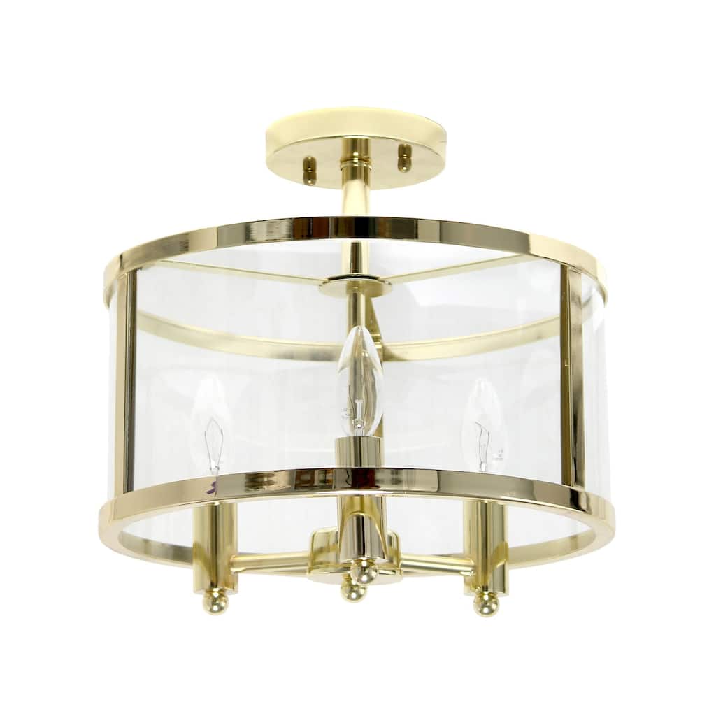 HomeStock 13" Semi-Flushmount Light - Gold 3-Light Fixture - Iron & Glass Shade - Traditional Industrial Design - 12.5
