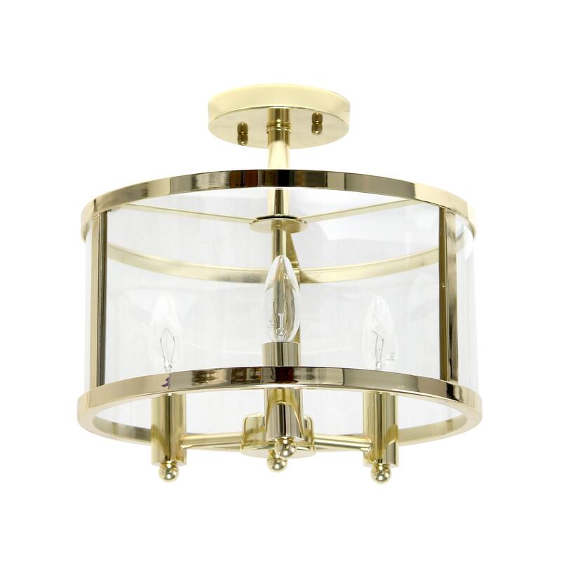 HomeStock 13" Semi-Flushmount Light - Gold 3-Light Fixture - Iron & Glass Shade - Traditional Industrial Design - 12.5