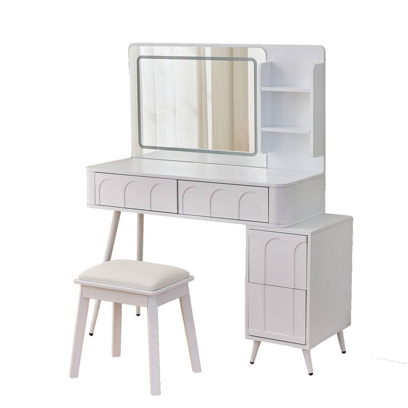 Modern Makeup Vanity Desk with LED Lights & Mirror, Extendable Dressing Table Set with Stool, 4 Drawer & Side Cabinet