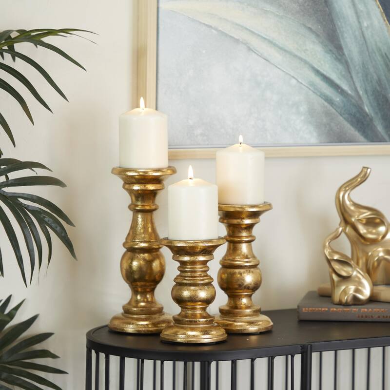 Mango Wood Distressed Turned Pillar Decorative Candle Holder - Set of 3 - Roche River Decor