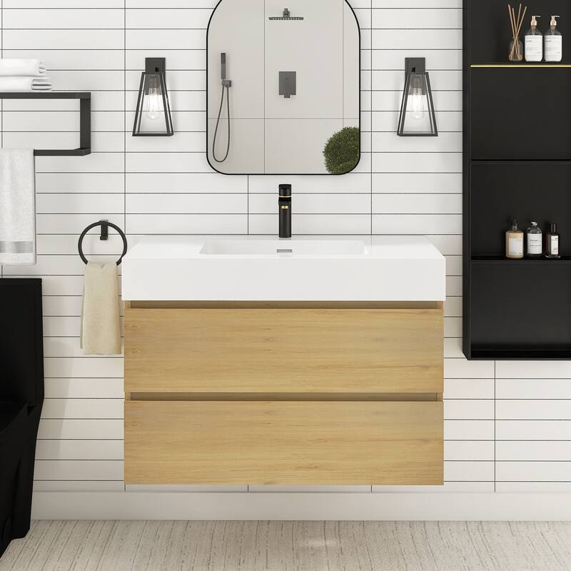 Floating Bathroom Vanity with Solid Surface Top - 35.8'' x 18.1'' x 25.2'' - Oak