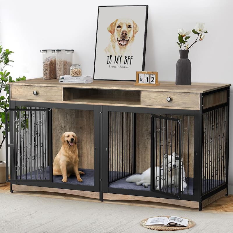 70.86'' Dog Crate Furniture Large Breed TV Stand with 2 Drawer & Double Rooms - Grey