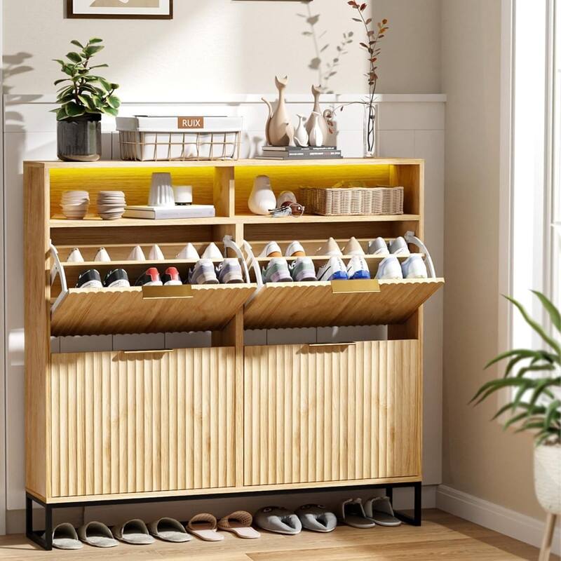 47.2 Inch Wide Slatted 4 Flip Drawers 1 Compartment Storage LED Light Shoe Cabinet - Oak