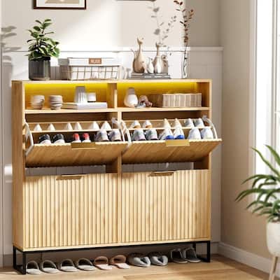 47.2 Inch Wide Slatted 4 Flip Drawers 1 Compartment Storage LED Light Shoe Cabinet