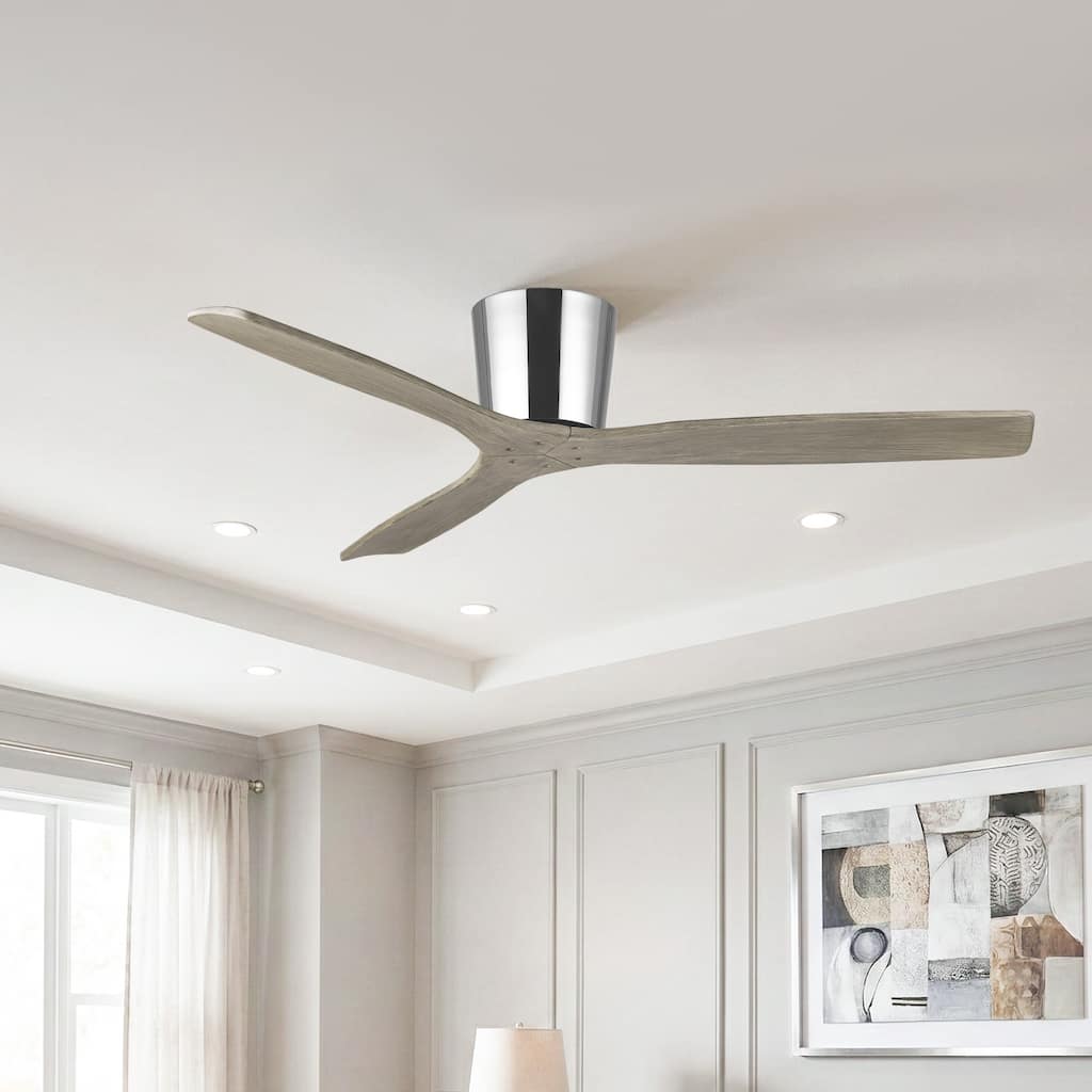 54" Transitional Solid Wood 3-Blade Chrome Flush Mount Ceiling Fan with Remote, No Light