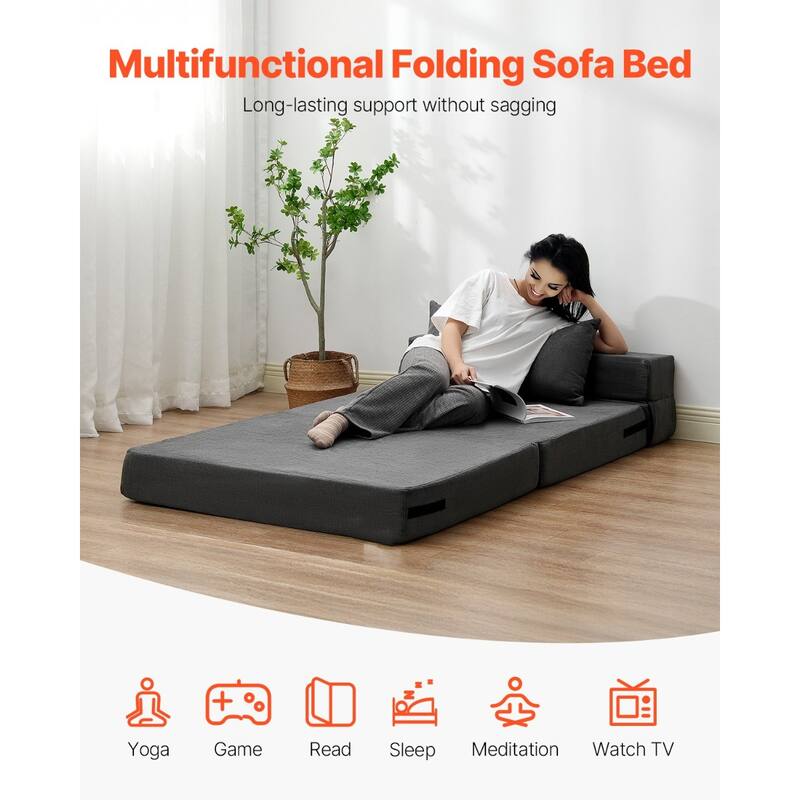 Dark Grey Twin Foam Fabric Folding Sofa Bed with Pillows and Washable Cover - 76.77” L x 39.57” W x 5.91” H