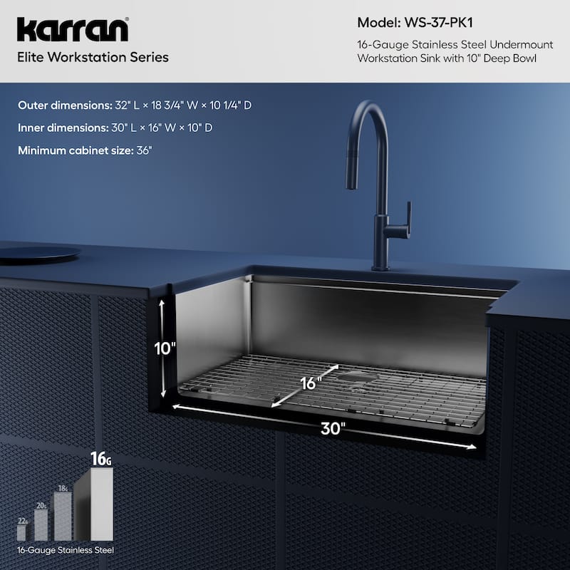 Karran 32" Undermount Large Single Bowl Stainless Steel Workstation Sink