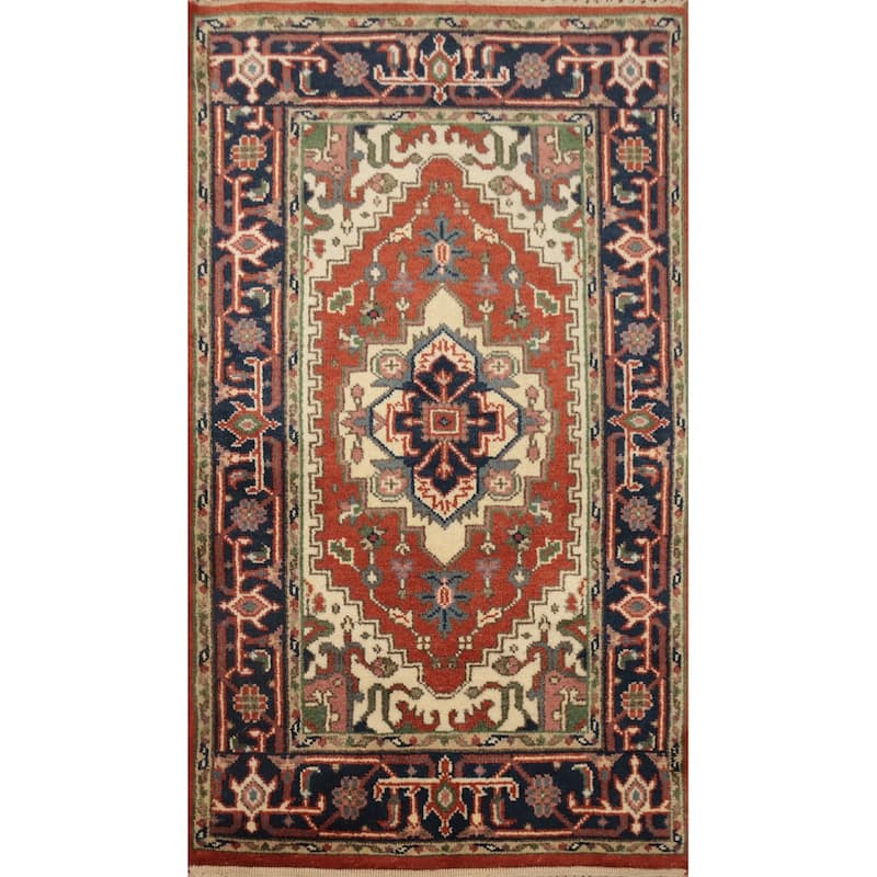 Hand Knotted Oriental 100% Wool Carpet Traditional Medallion Oranges & Rust Heriz (serapi) Area Rug - 5' 3'' X 2' 10''