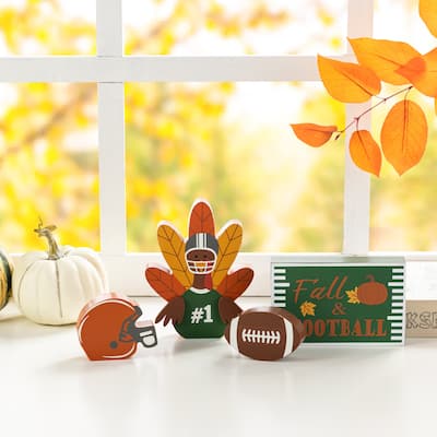 Glitzhome 5.75"H Set of 4 Thanksgiving Wooden Turkey Table Decor Set