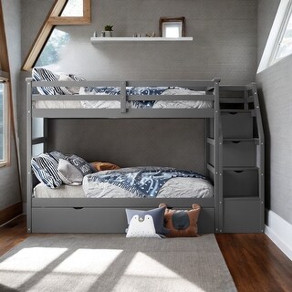 Twin-Over-Twin Bunk Bed with Twin Size Trundle and 3 Storage Stairs, Flexible Settings and Convenient Use, Grey