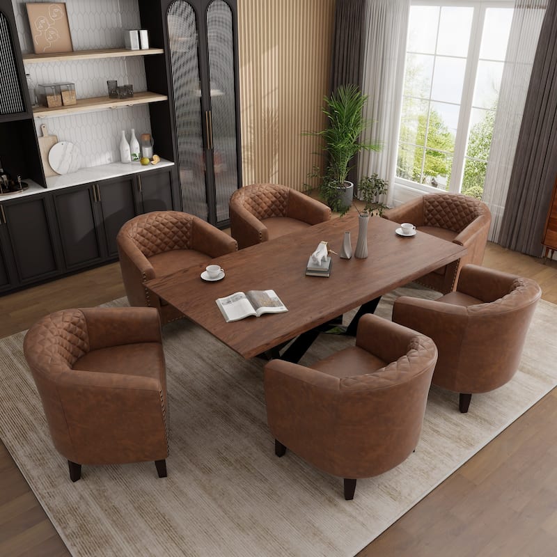 Modern Leather Nailheads Trim Barrel Accent Chairs with Wood Legs - 6 Set - Brown