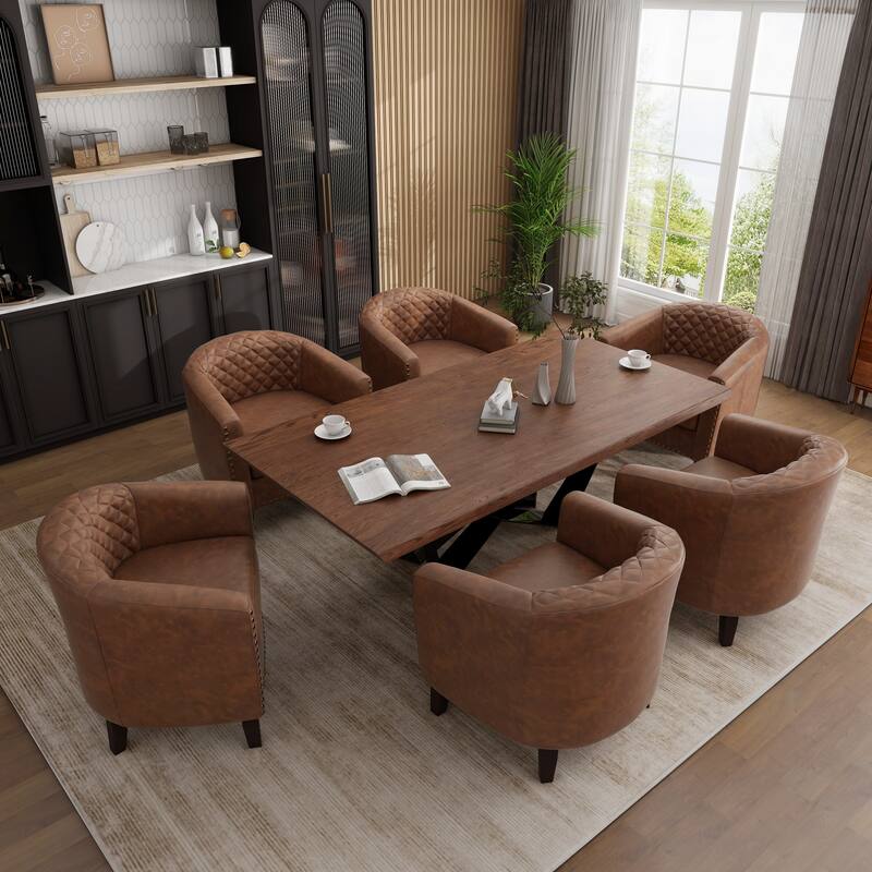 Modern Nailheads Trim Leather Barrel Accent Chairs with Wood Legs