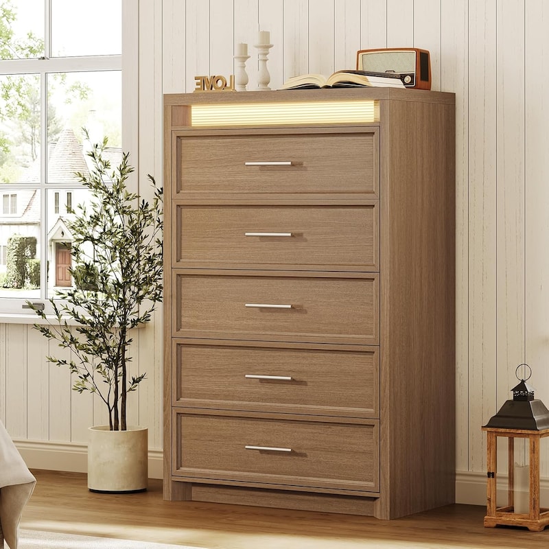Dresser for Bedroom with Drawers Mid-Century Modern Dresser 3 Color Lights - Dark Brown - 5-drawer