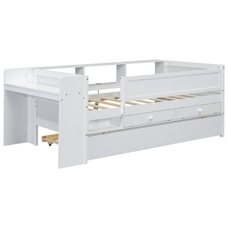 Multi-Functional Twin Size Daybed with 2 Drawers and Twin Size Trundle, Wooden Sofa Bed Frame w/ Headboard Storage & Study Desk