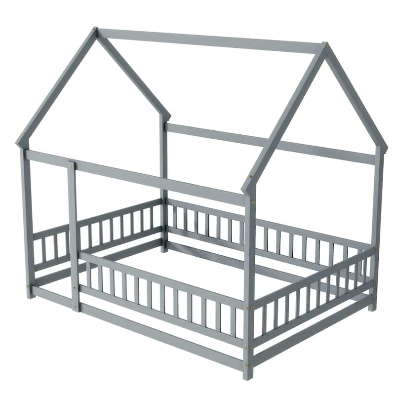 Full Size House Floor Wooden Bed with Roof Frame