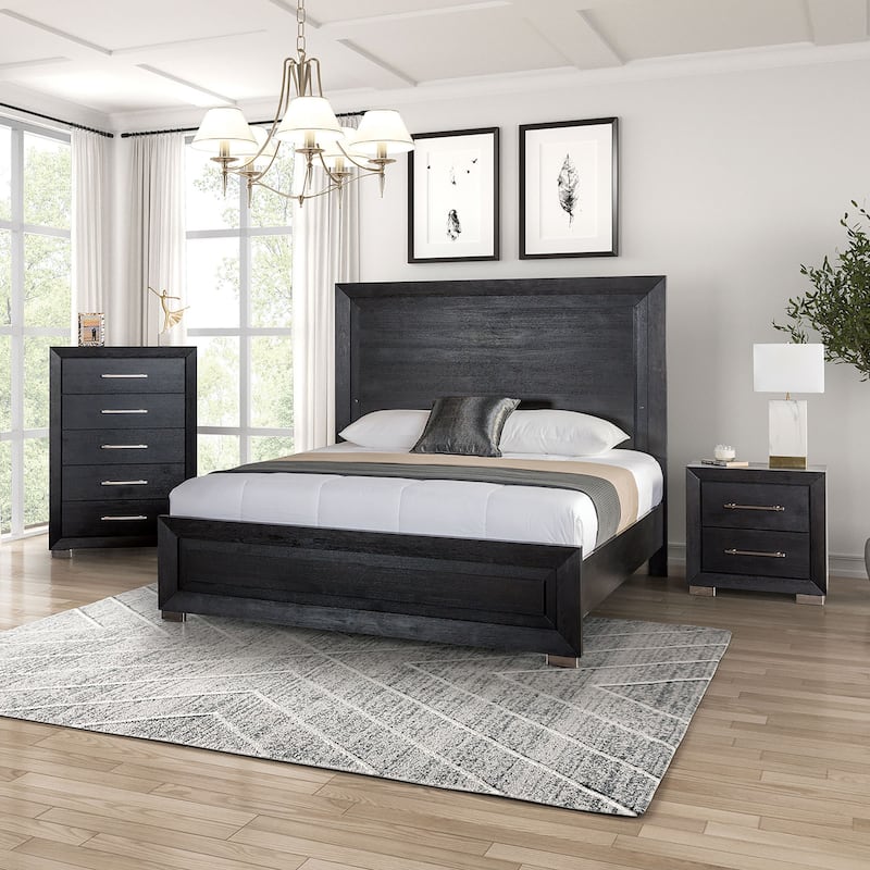 Furniture of America Alaric Modern 3-Piece Black Wood Panel Bedroom Set with LED Headboard - Eastern King