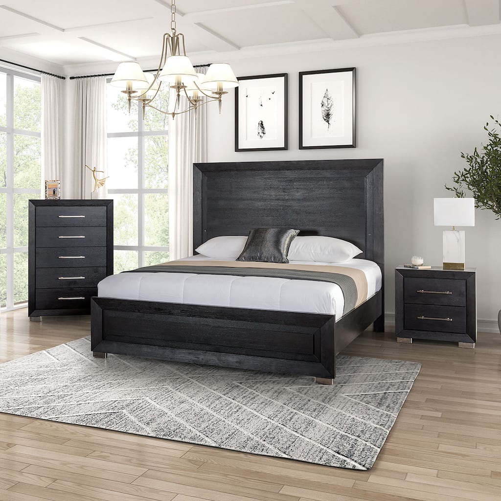 Furniture of America Alaric Modern 3-Piece Black Wood Panel Bedroom Set with LED Headboard