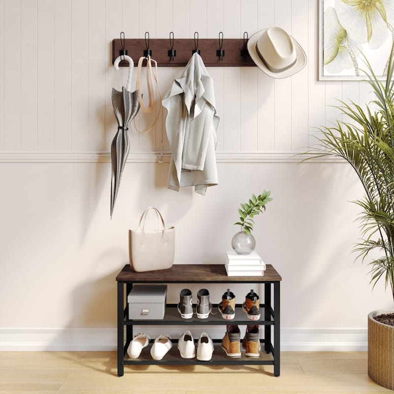3-Tier Entryway Bench with Mesh Metal Shoe Storage Shelves