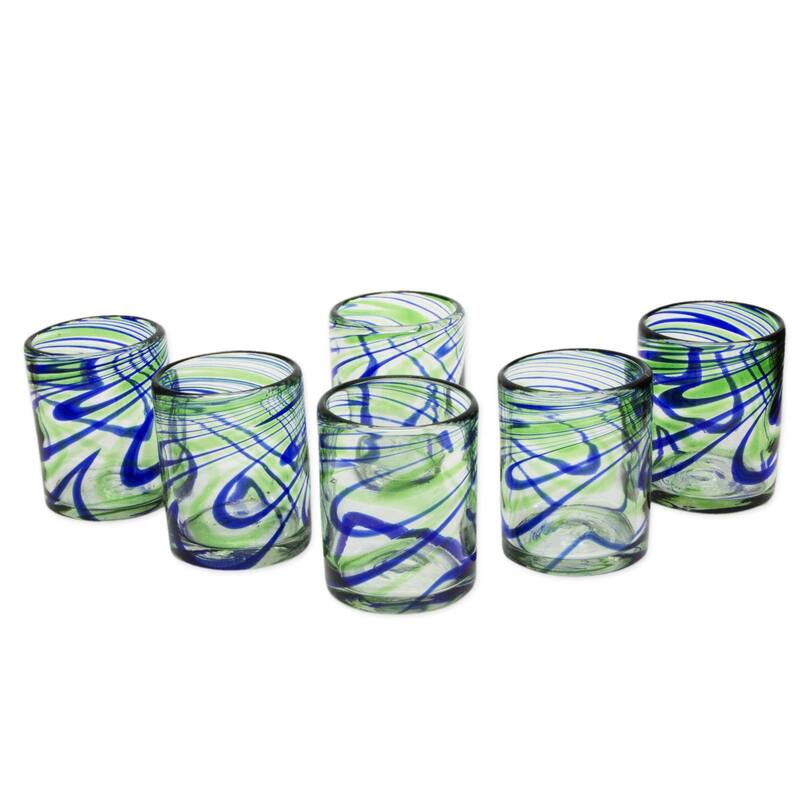 NOVICA Artisan Handblown Rocks Glasses Blue Green Mexican Recycled Tumbler 'Elegant Energy'(Set of 6) - 3.1 - 3.1 - Set of 6 - Multi-Color