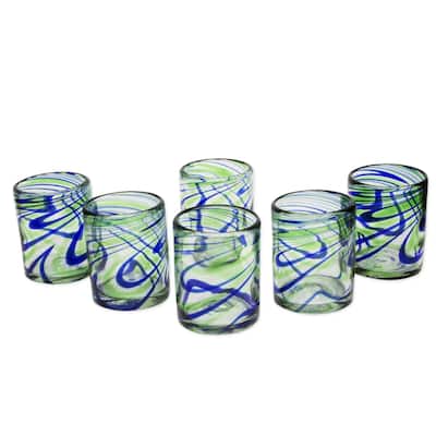 NOVICA Artisan Handblown Rocks Glasses Blue Green Mexican Recycled Tumbler 'Elegant Energy'(Set of 6) - 3.1