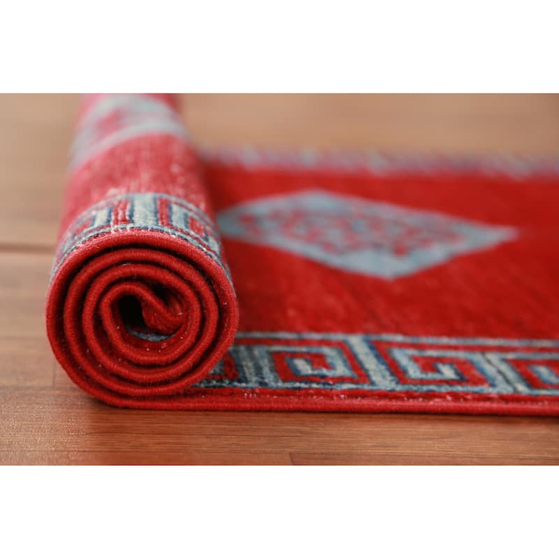 Hand Knotted Oriental 100% Wool Carpet Traditional Geometric Red Kazak Runner Rug - 14' 10'' X 2' 7''