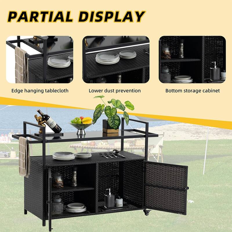 Large Portable Outdoor Wicker Bar Cart, Wheels, Glass Tabletop - 51.18'' W x 19.69'' D x 35.43'' H