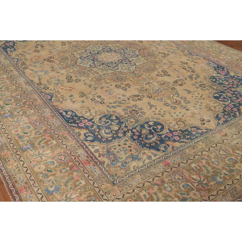 Mashad Persian Vintage Rug Hand-Knotted Traditional Wool Carpet - 9'7" x 12'10"