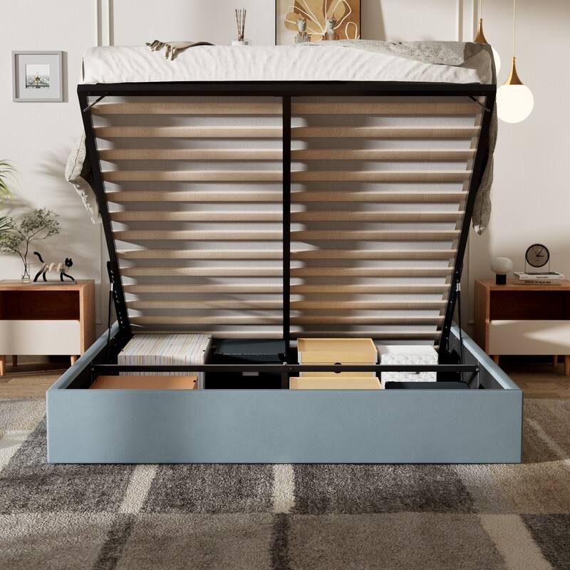 Plywood Frame Upholstered Platform Bed with Lift-up Storage Supported by Metal and Wooden Slats