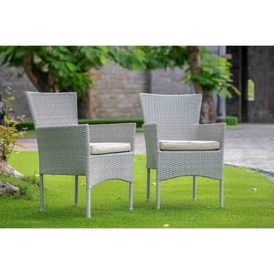Wicker Patio Chair with Cushion - Outdoor Lounge Chair - Modern Garden Furniture - Beige Linen Seat
