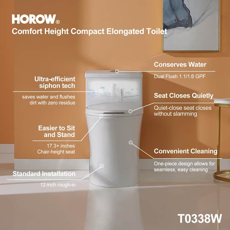HOROW 1 Piece Dual Flush Elongated Toilet White 1.1/1.6 GPF Seat Included - N/A