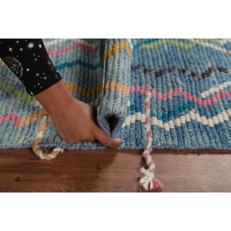 Contemporary Blue Moroccan Runner Rug Hand-Knotted Wool Carpet - 2'10"x 16'1"
