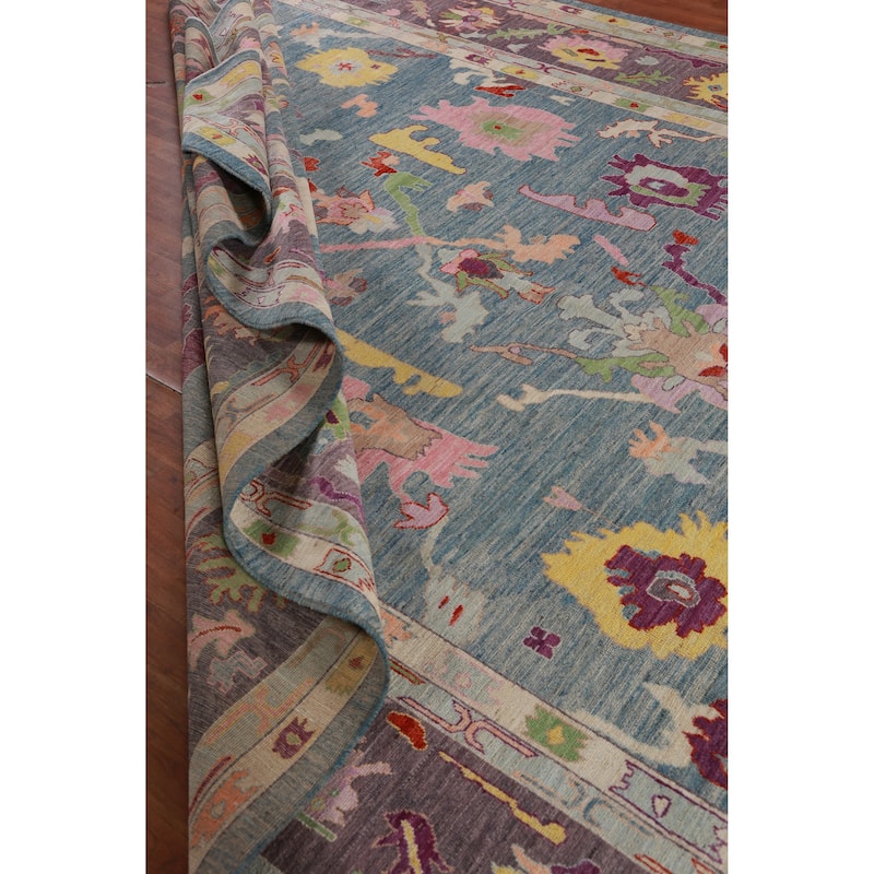 Hand Knotted Oriental 100% Wool Carpet Transitional All-Over Navy Blue & Blues Oushak Area Rug - 14' 1'' X 10' 3''