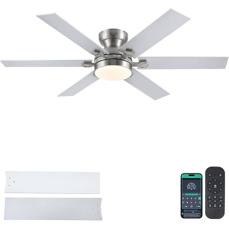 46/52 inch Flush Mount Ceiling Fan with Light,Remote and APP Control,6 Dual Side Blades,Reversible DC Motor