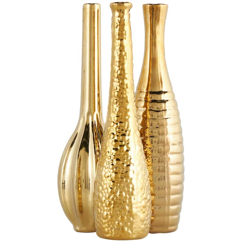 Ceramic Slim Textured Bottleneck Vase with Varying Patterns - Set of 3 Silver, Gold, White - Roche River Decor