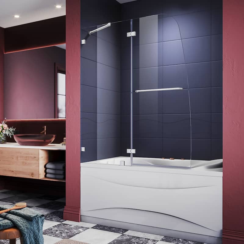Elegant Frameless Hinged Tub Shower Doors 48" W x 58" H with 5/16" Clear Glass Panel in Chrome Finish - 48" x 58" - 48" x 58" - Chrome