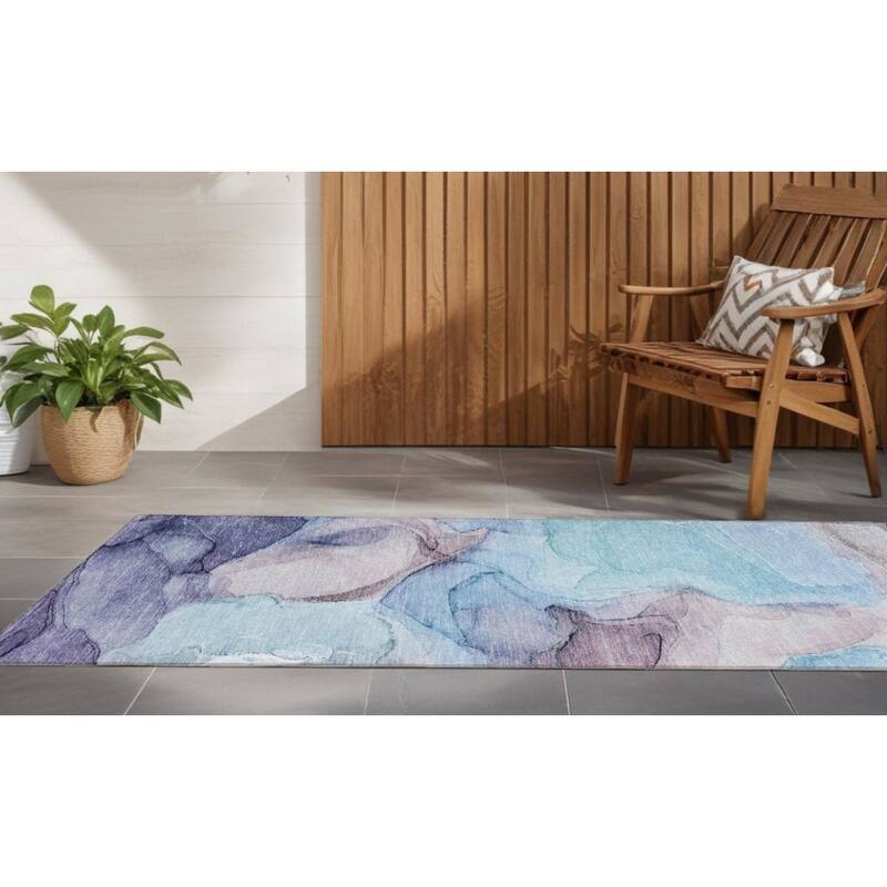 Dava Unique Abstract Weather Resistant Blended Style Outdoor Rug - 8' Runner - Blue