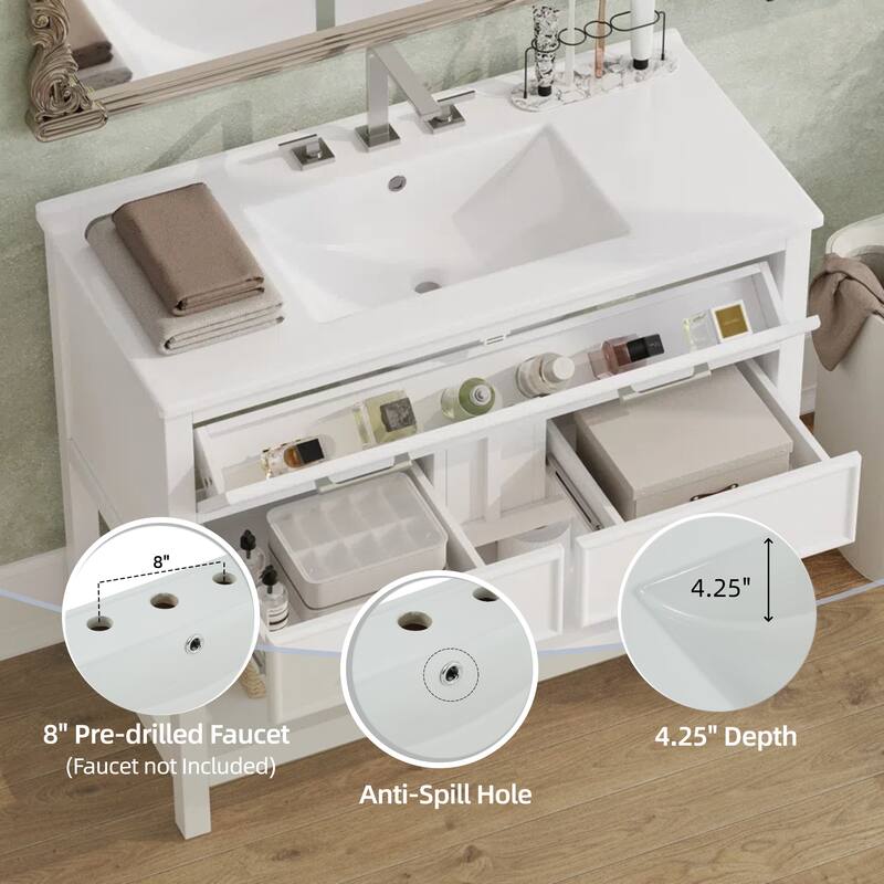 36" Bathroom Vanity with Ceramic Sink, Tip-Out Tray, Full-Extension Drawers, Soft-Close Slides, and Open Shelf