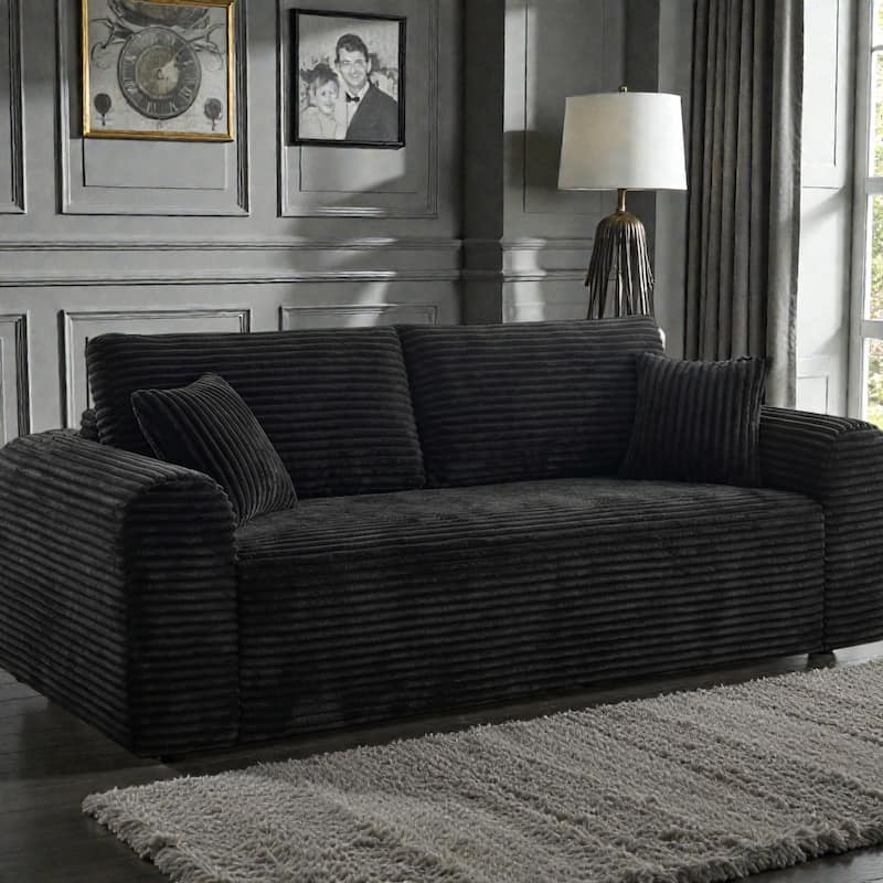 3 Seater Cloud Couch, Corduroy Boneless Sofa in a Box, Deep Seat Floor Sofa with Pillows for Living Room - Black