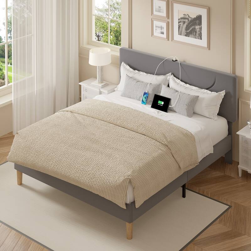 VECELO Platform Bed Frame with Charging Stations and Under Bed LED Lights Strong Wooden Slats Support No Box Spring Needed
