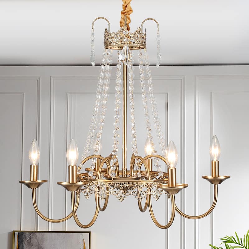 6-Light Dimmable Classic Crystal Chandelier, Industrial Bohemian Style Chandelier for Living Room Kitchen Island Dining Foyer - Gold