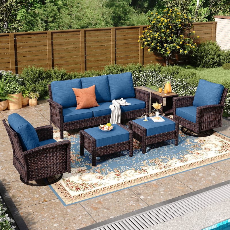 MAISON ARTS 7-Piece Extra-Large Patio Wicker Sofa Conversation Set with Table, Oversize Seat with 5.5'' Thick Padded Cushion - 5 Seats +2 Ottoman + 17'' Table  - Navy Blue