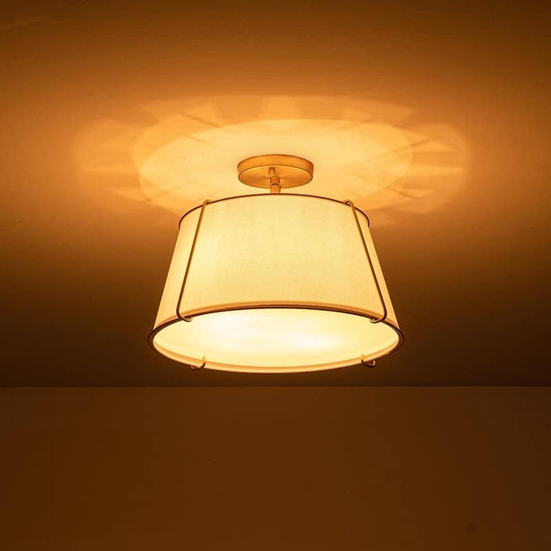 Brass 4-Light Wide Drum Linen Ceiling Light - 17in Mid-Century