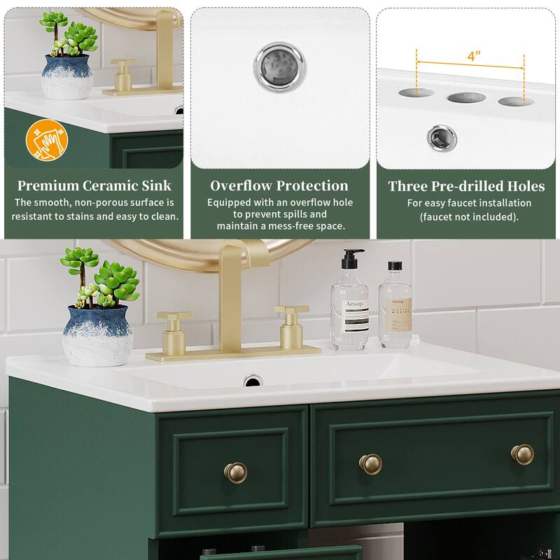 Bathroom Vanity with Ceramic Sink, Single Vanity with Soft Closing Door, Solid Wood Bathroom Cabinet with 2 Drawers